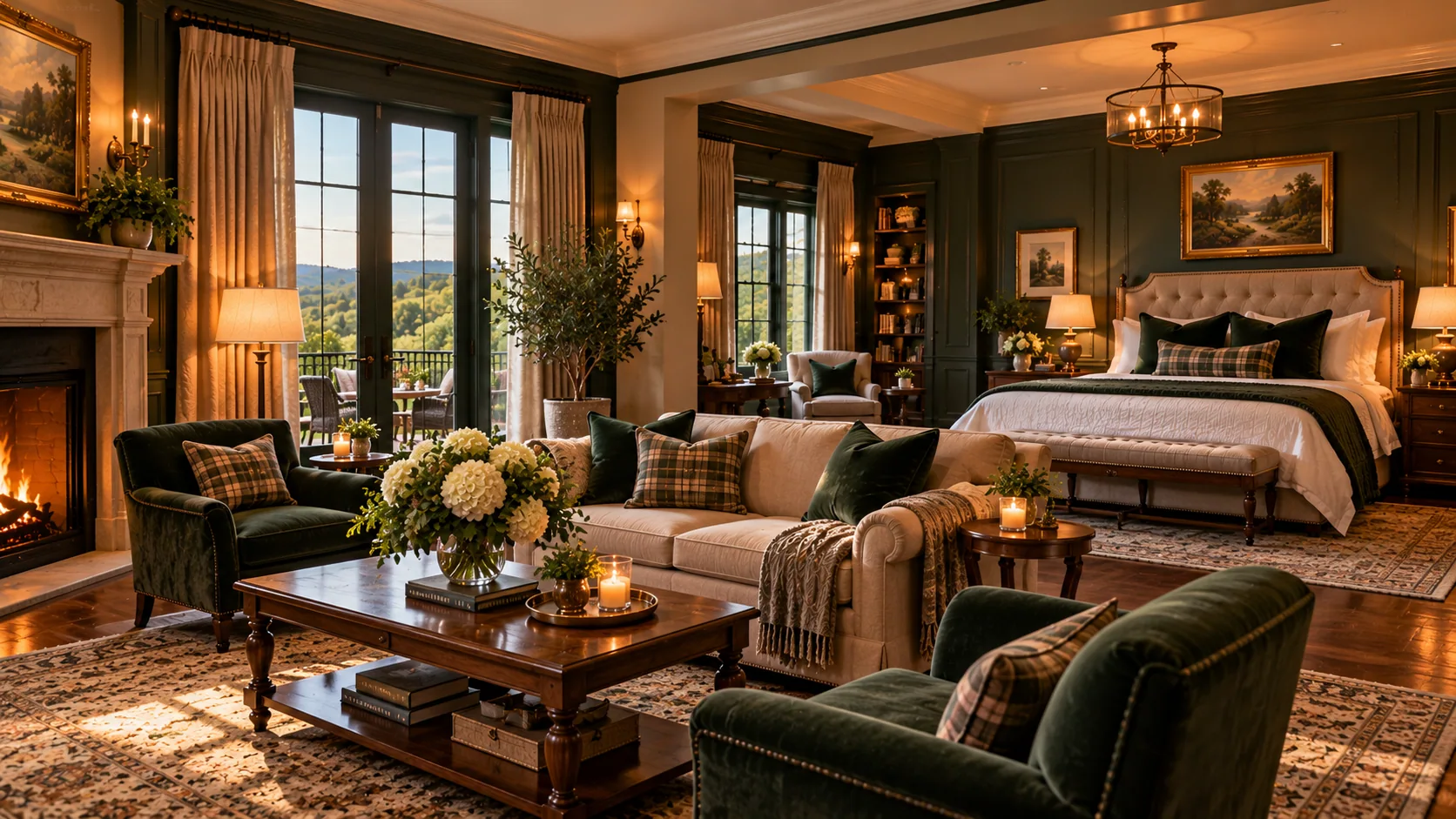 Alder Suite with a green sitting area, bedroom and mountain-facing windows