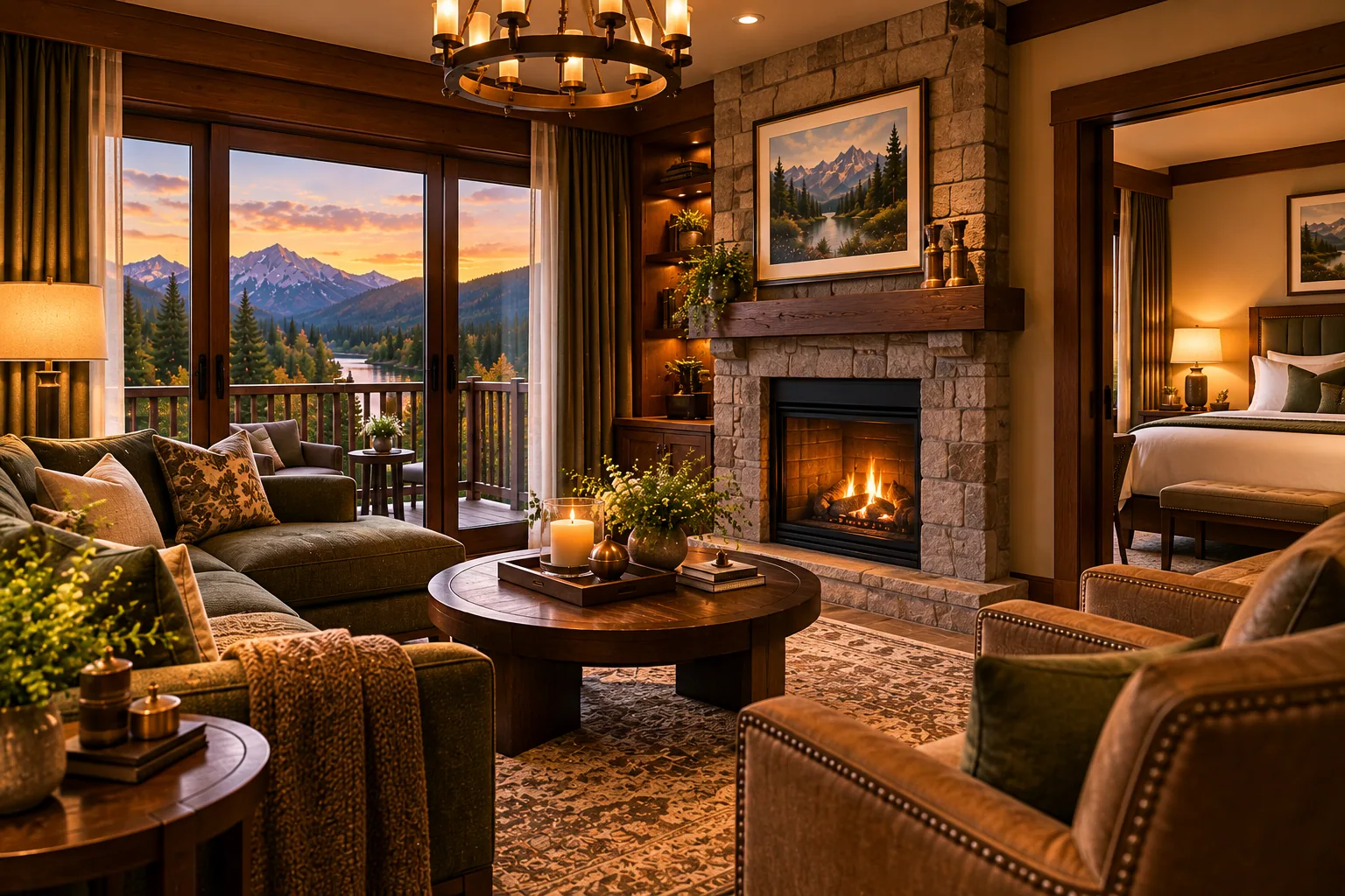 Alder Suite sitting area with green sofa, armchairs and coffee table beside mountain-facing windows