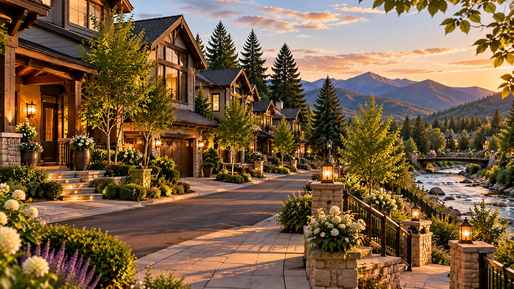 Timber and stone mountain hotel beside a riverside village promenade