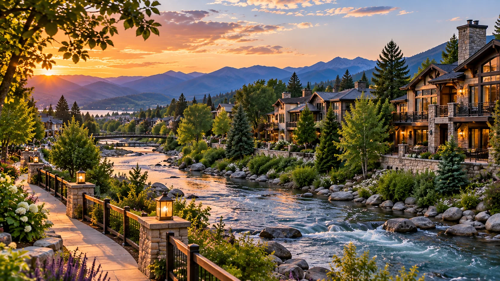 Timber village buildings beside a rocky river beneath the mountains