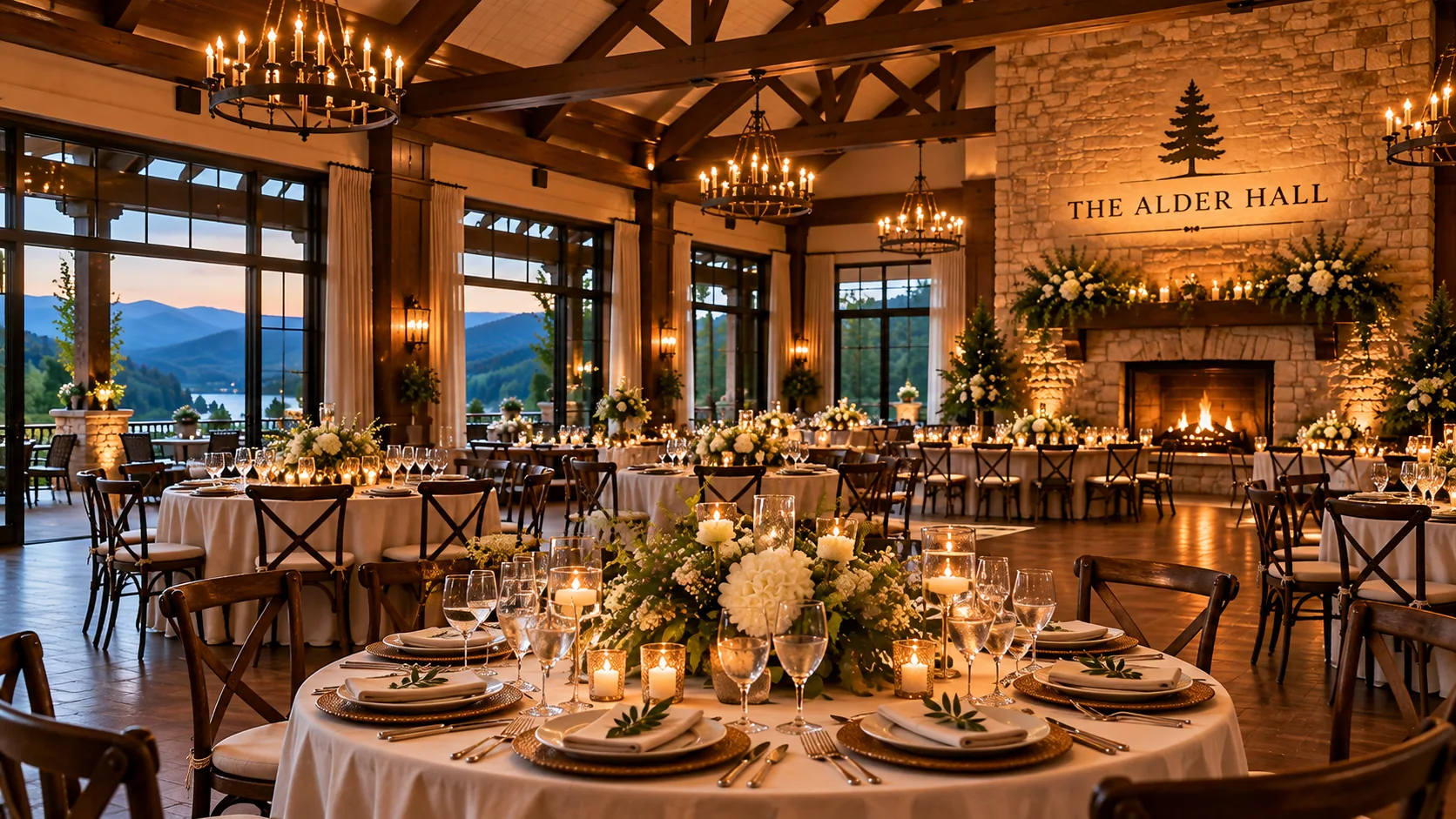 Timber beams and stone fireplace overlooking the tables in Alder Hall