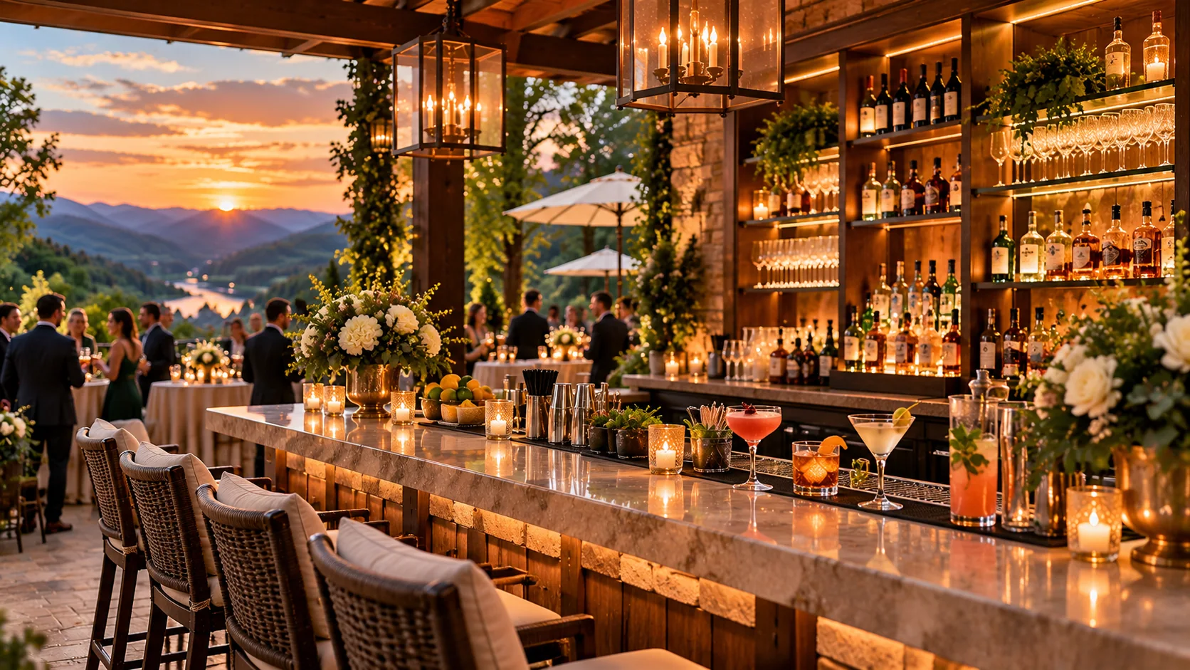 Timber terrace bar with bottles, flowers and a sunset mountain view