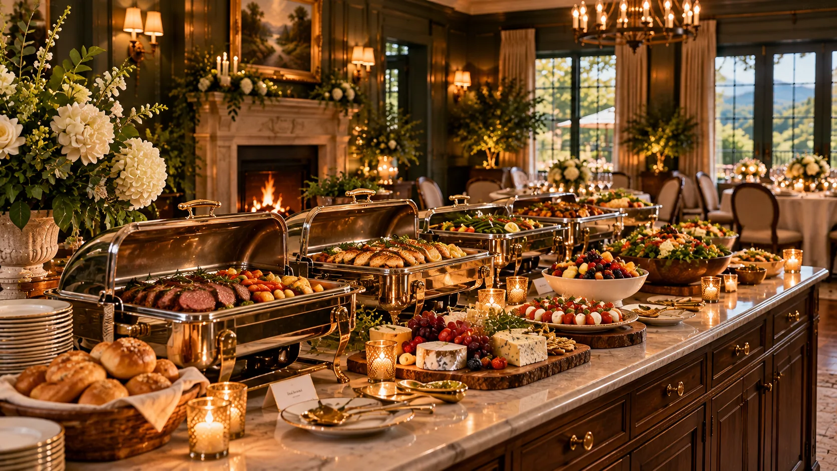Candlelit buffet with silver serving dishes, fruit and flowers
