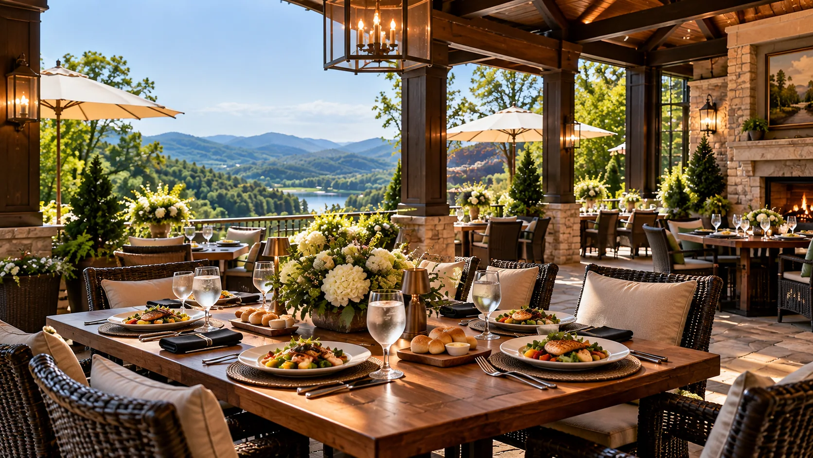 Daytime terrace table set for lunch overlooking the mountains