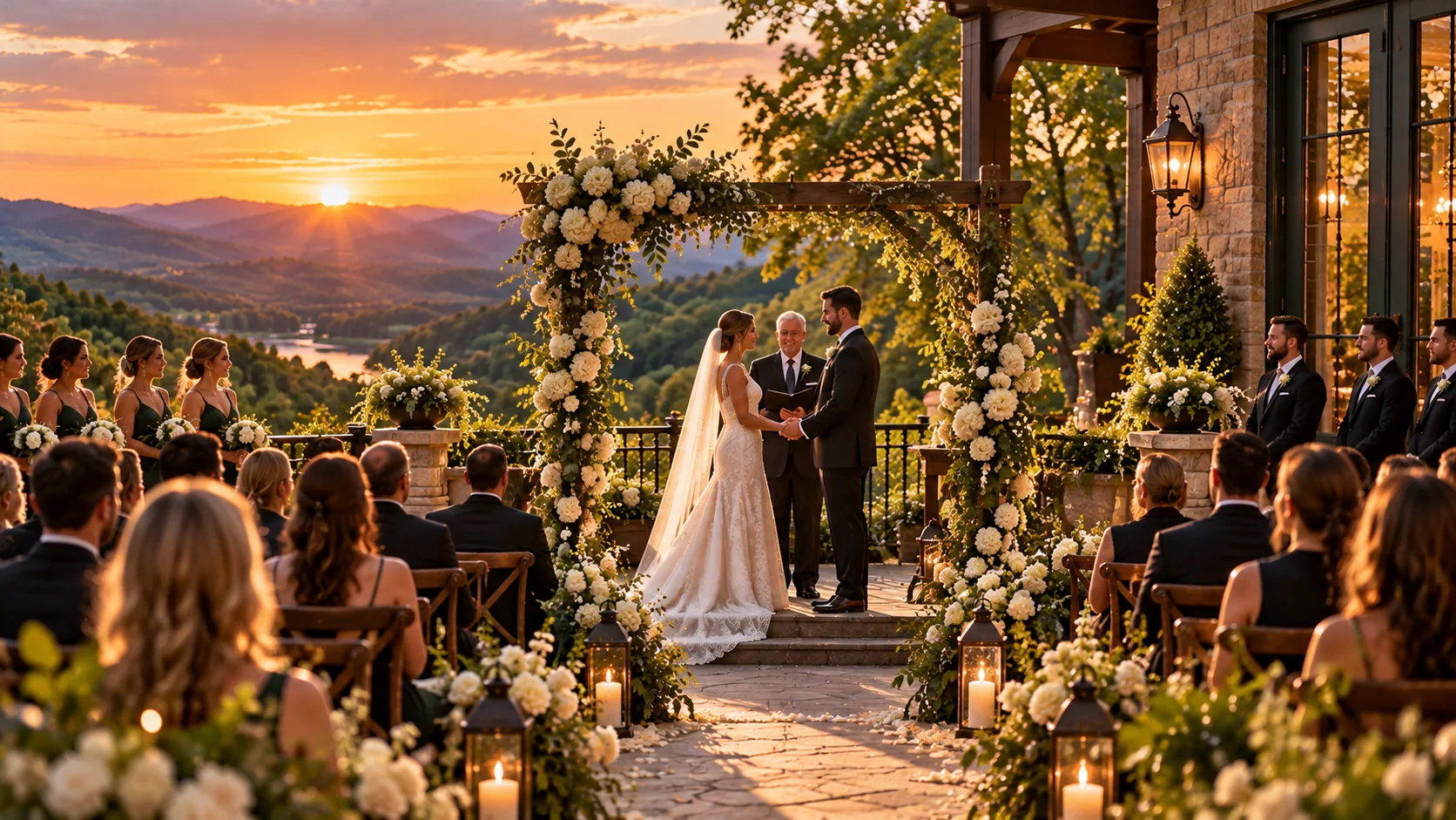 Wedding ceremony beneath a floral arch overlooking the mountain valley