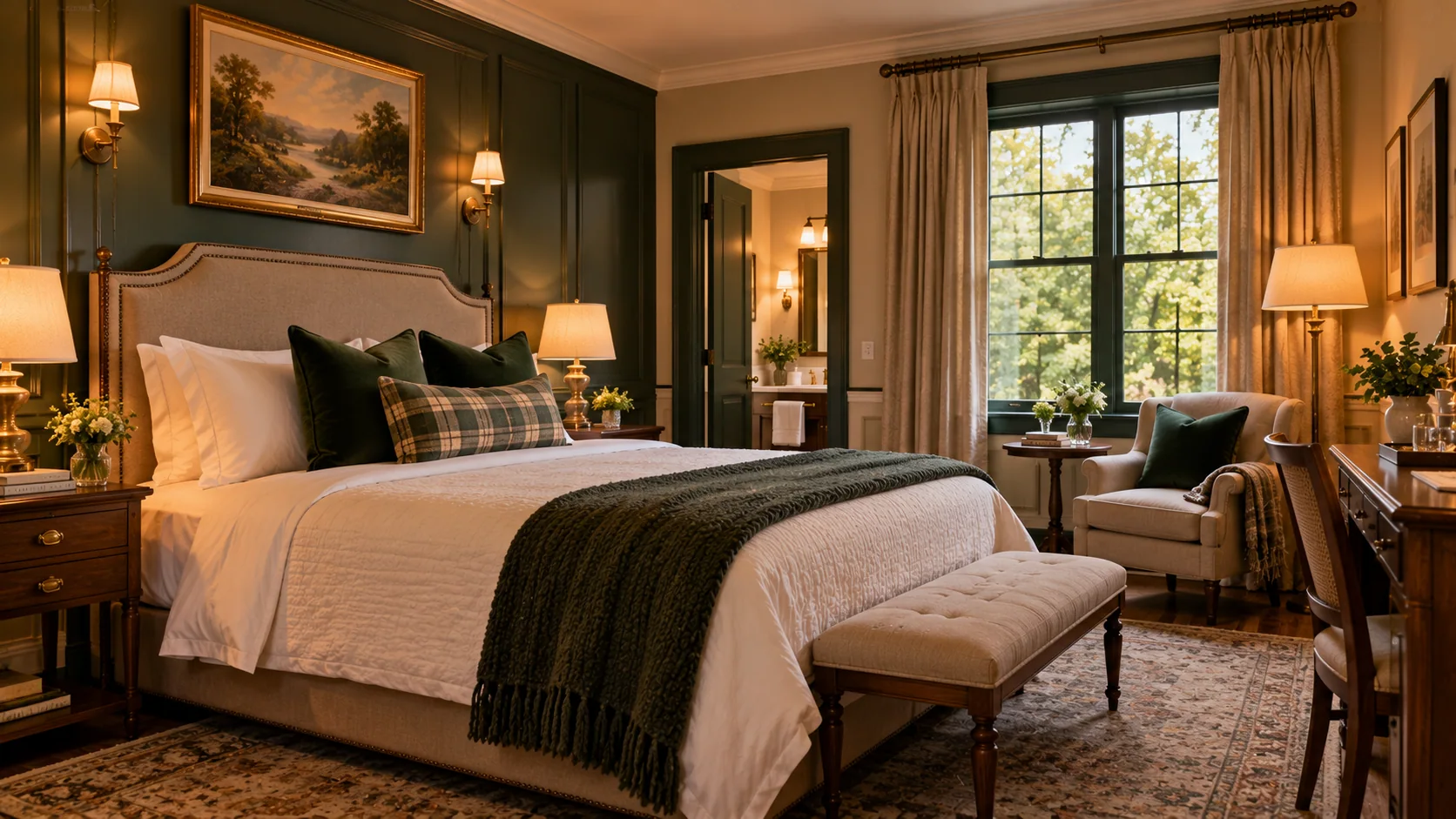 Green-panelled Classic Queen bedroom with a cushioned bench and writing desk
