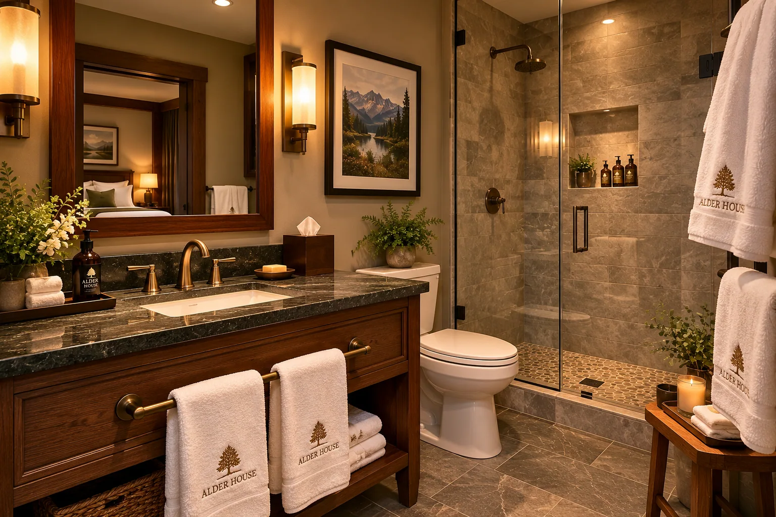 Classic Queen bathroom with walnut vanity, stone finishes and glass rainfall shower