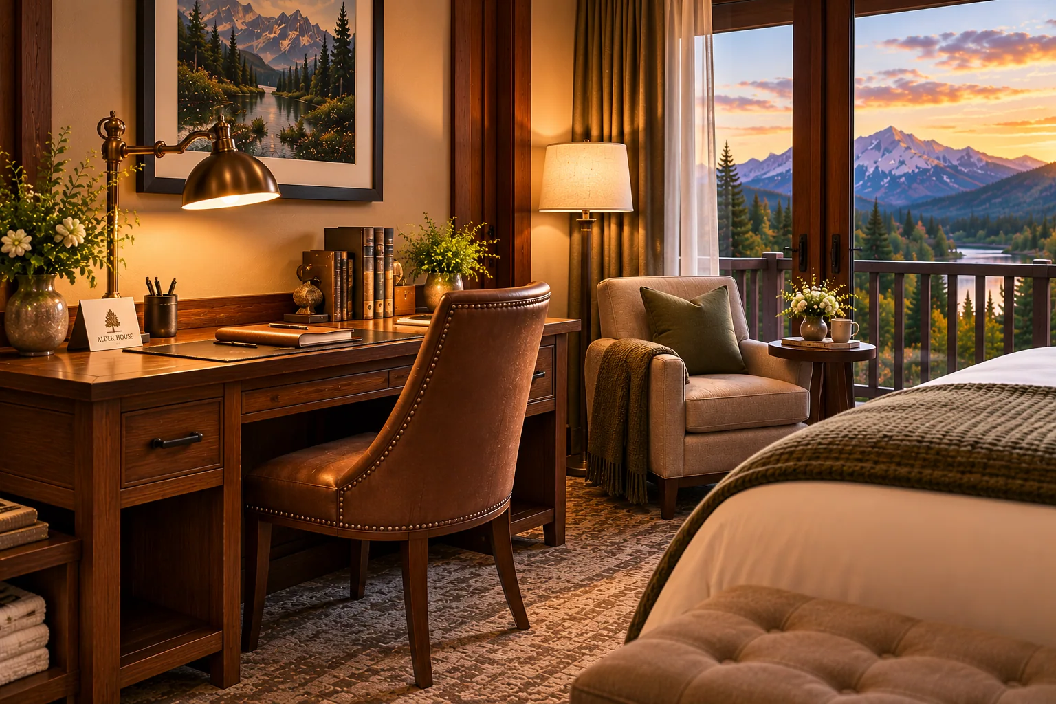 Classic Queen wooden writing desk with leather chair, brass task lamp and books beside an armchair and sunset mountain view