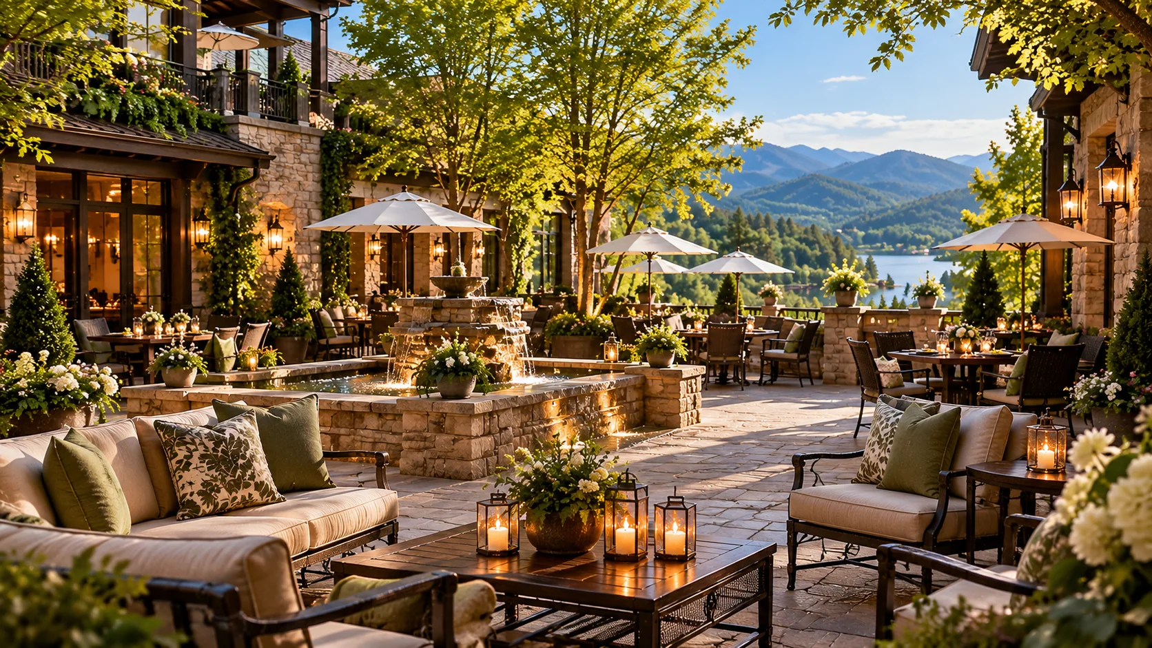 Stone fountain and lounge seating in the leafy timber hotel courtyard