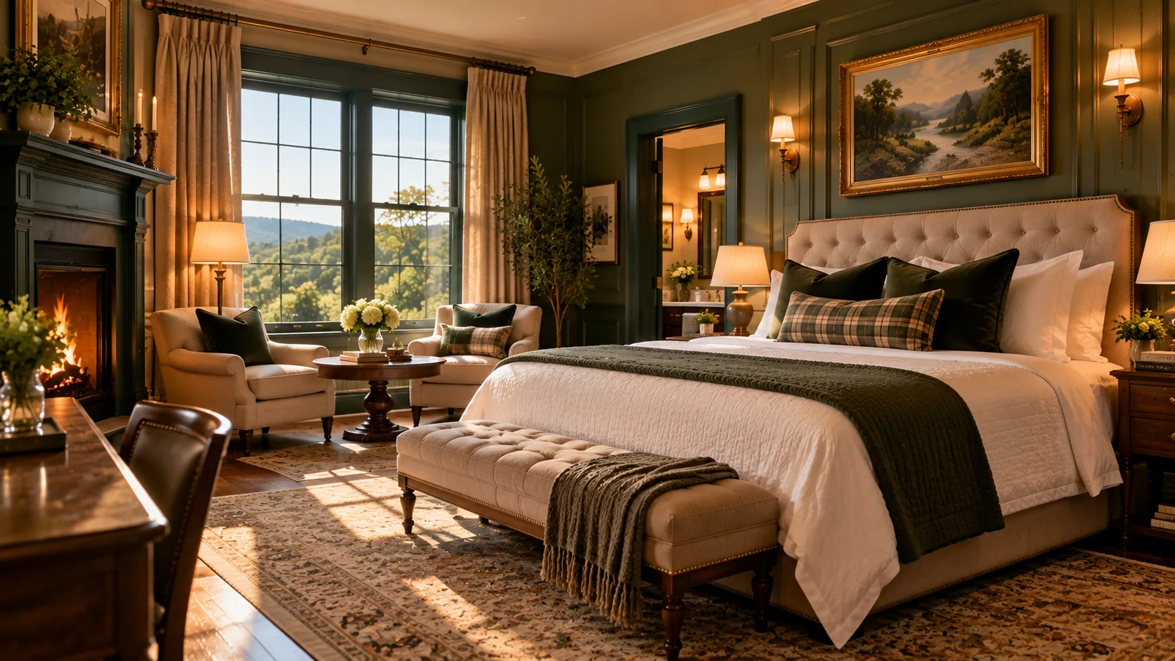 Deluxe King bedroom with green walls, upholstered bed and mountain view