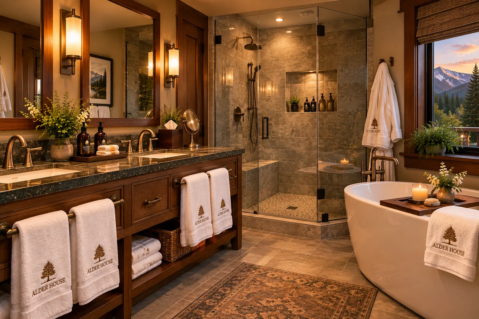 Deluxe King bathroom with double walnut vanity, glass shower and freestanding bath beside a mountain-view window