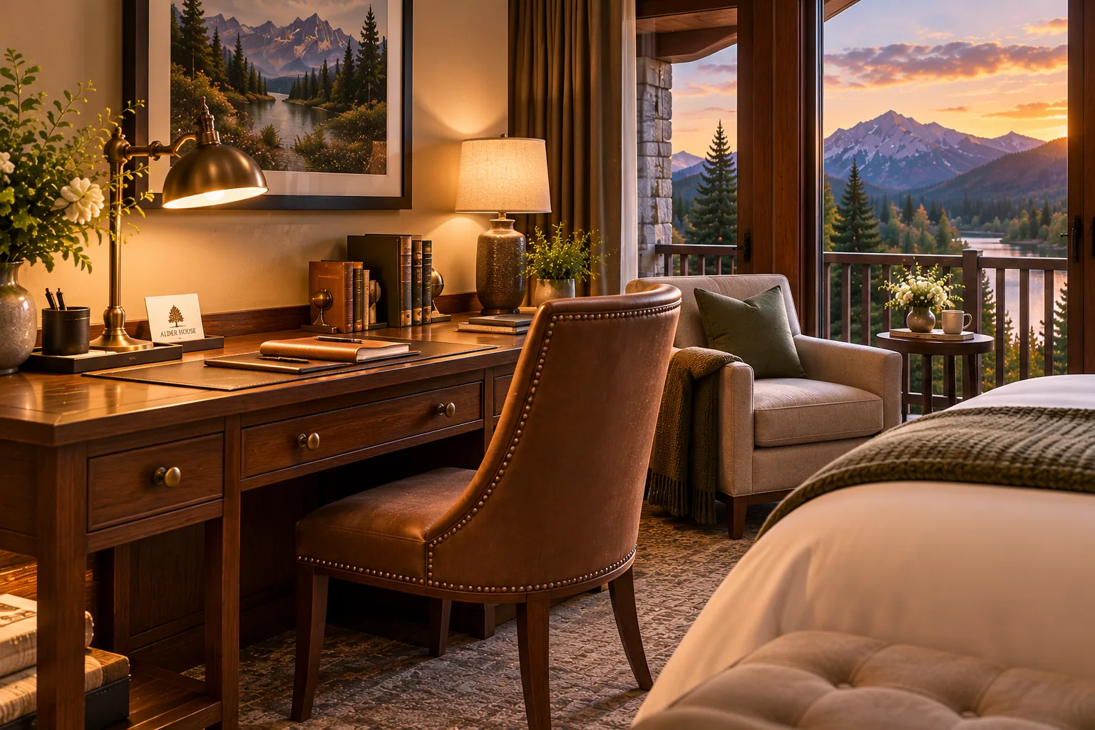 Walnut guest room writing desk with upholstered chair and lamp beside a sunset mountain-view window