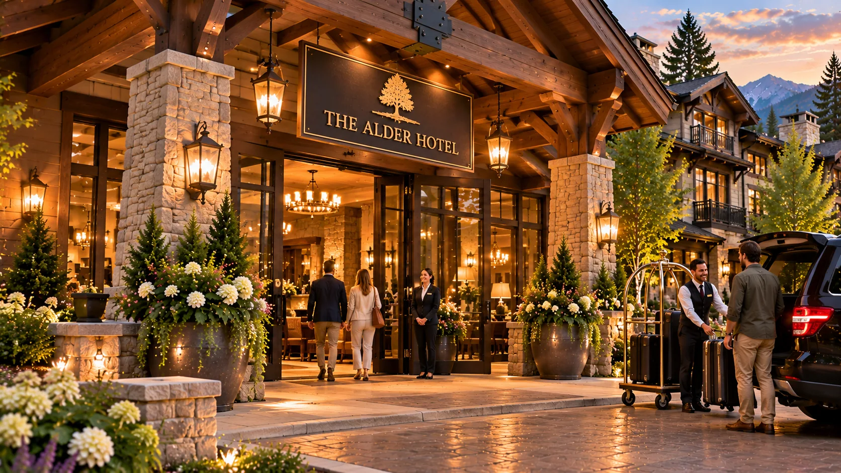 The Alder Hotel entrance with timber gables, stone pillars and welcoming staff