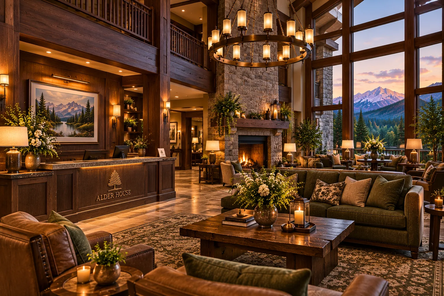 Timber and stone hotel lobby with green lounge seating, fireplace and mountain-facing windows