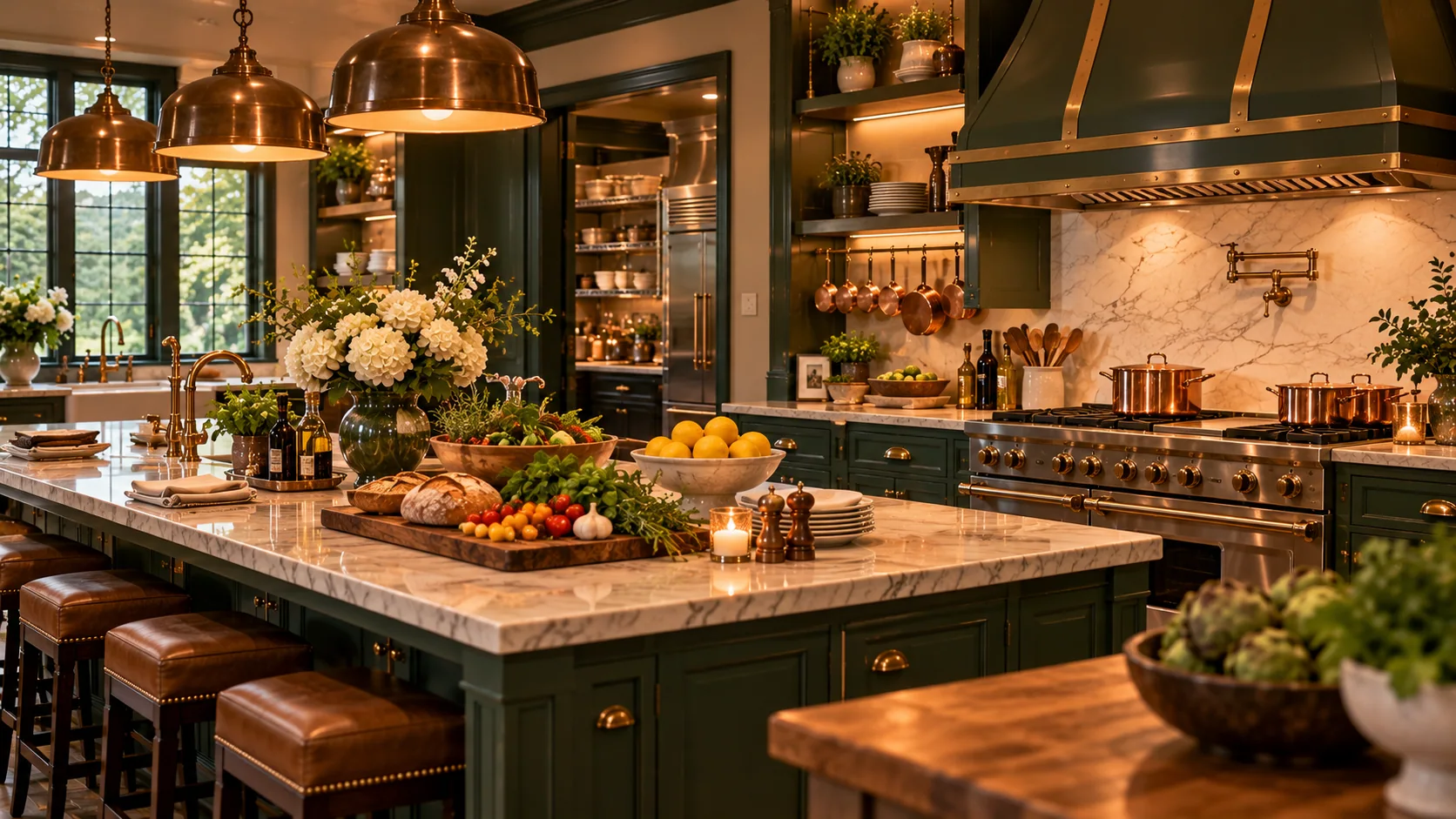 Green and brass kitchen with stone island and fresh vegetables
