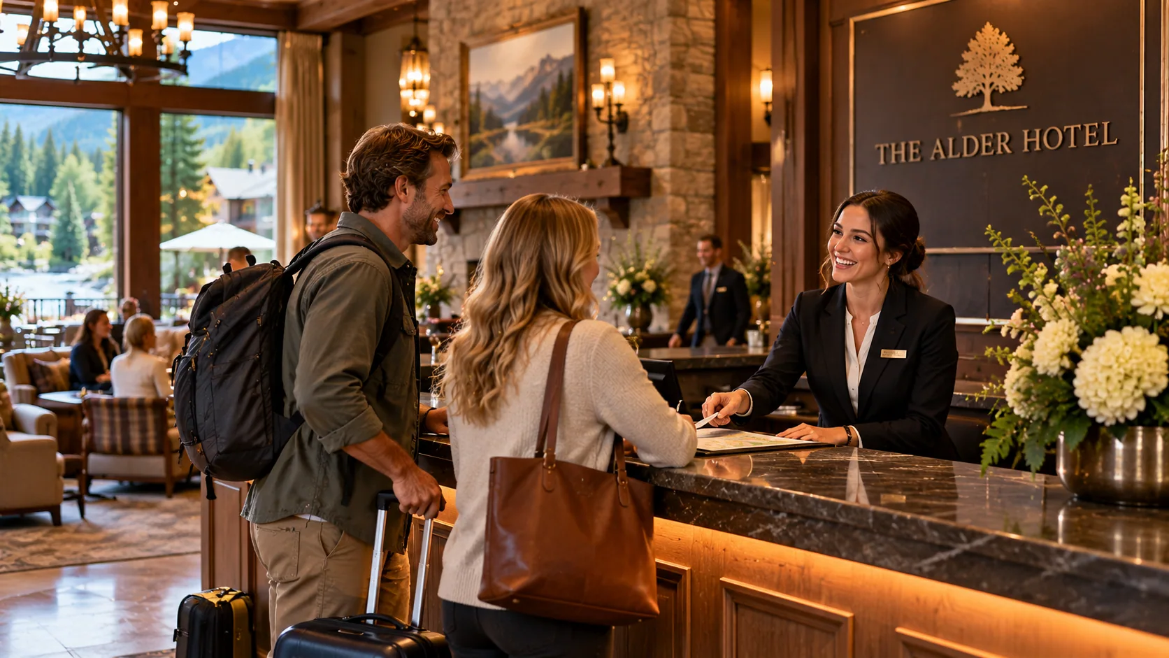 Reception staff welcoming arriving guests at the timber and stone hotel