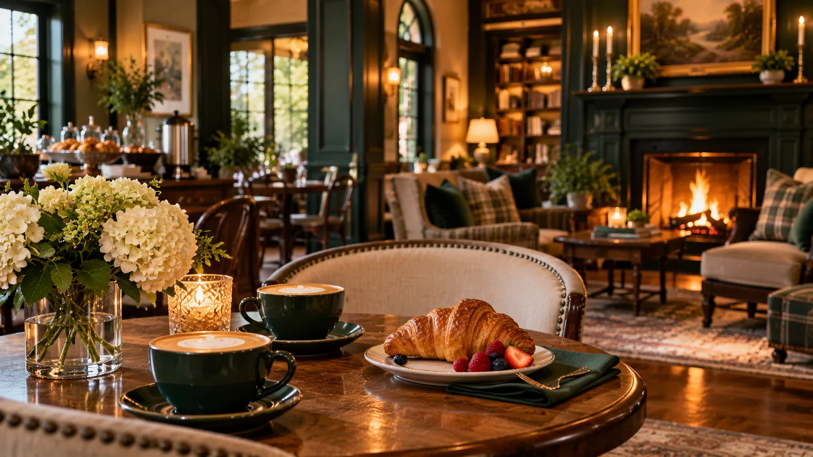Coffee and a croissant beside the fireplace in the green-panelled lounge
