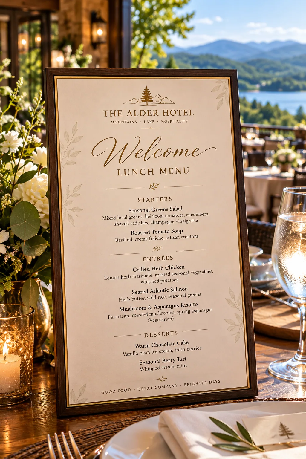 Framed illustrated welcome lunch menu on the mountain terrace