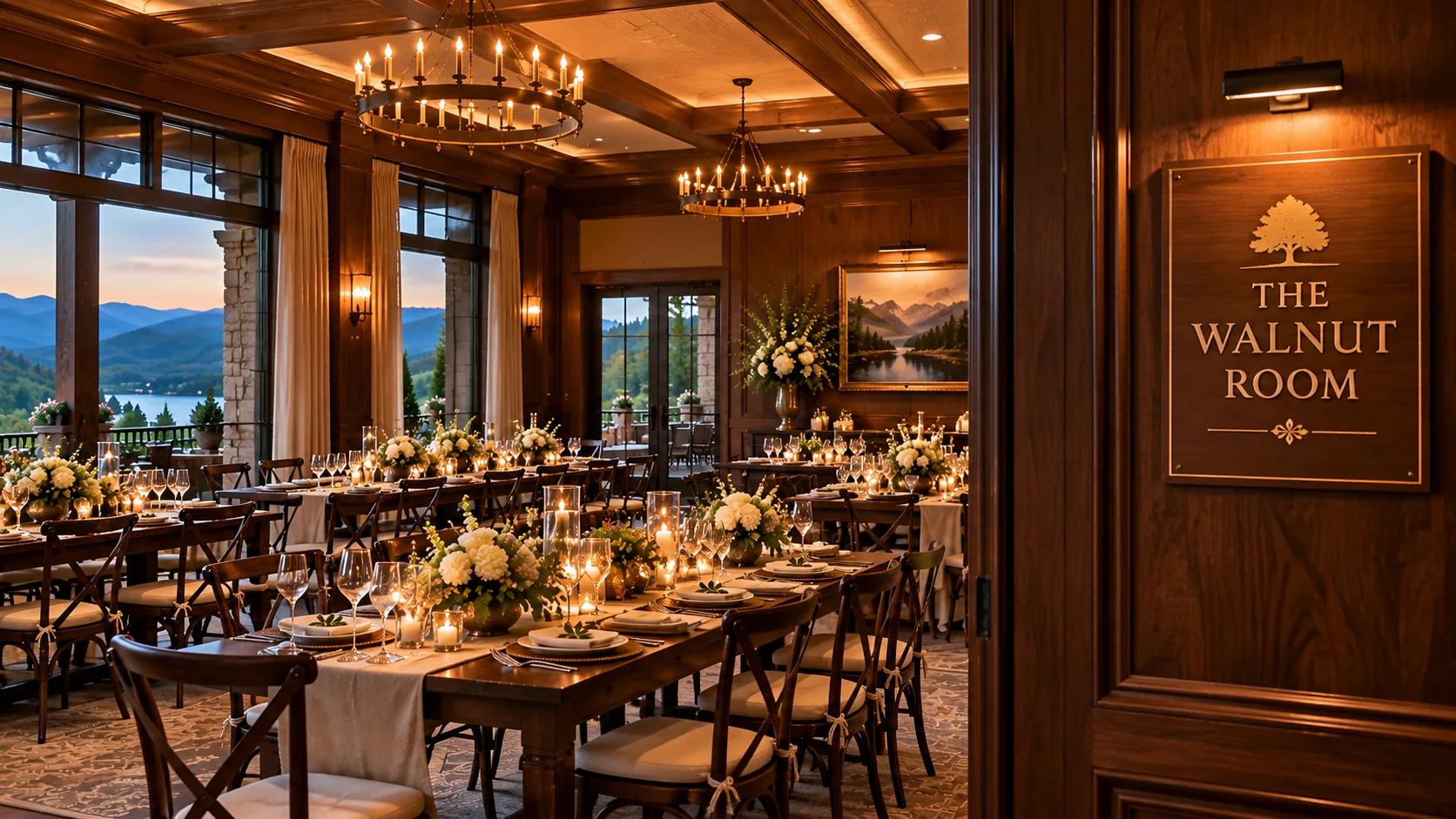 The Walnut Room with timber panelling and a table set beside lakeside windows