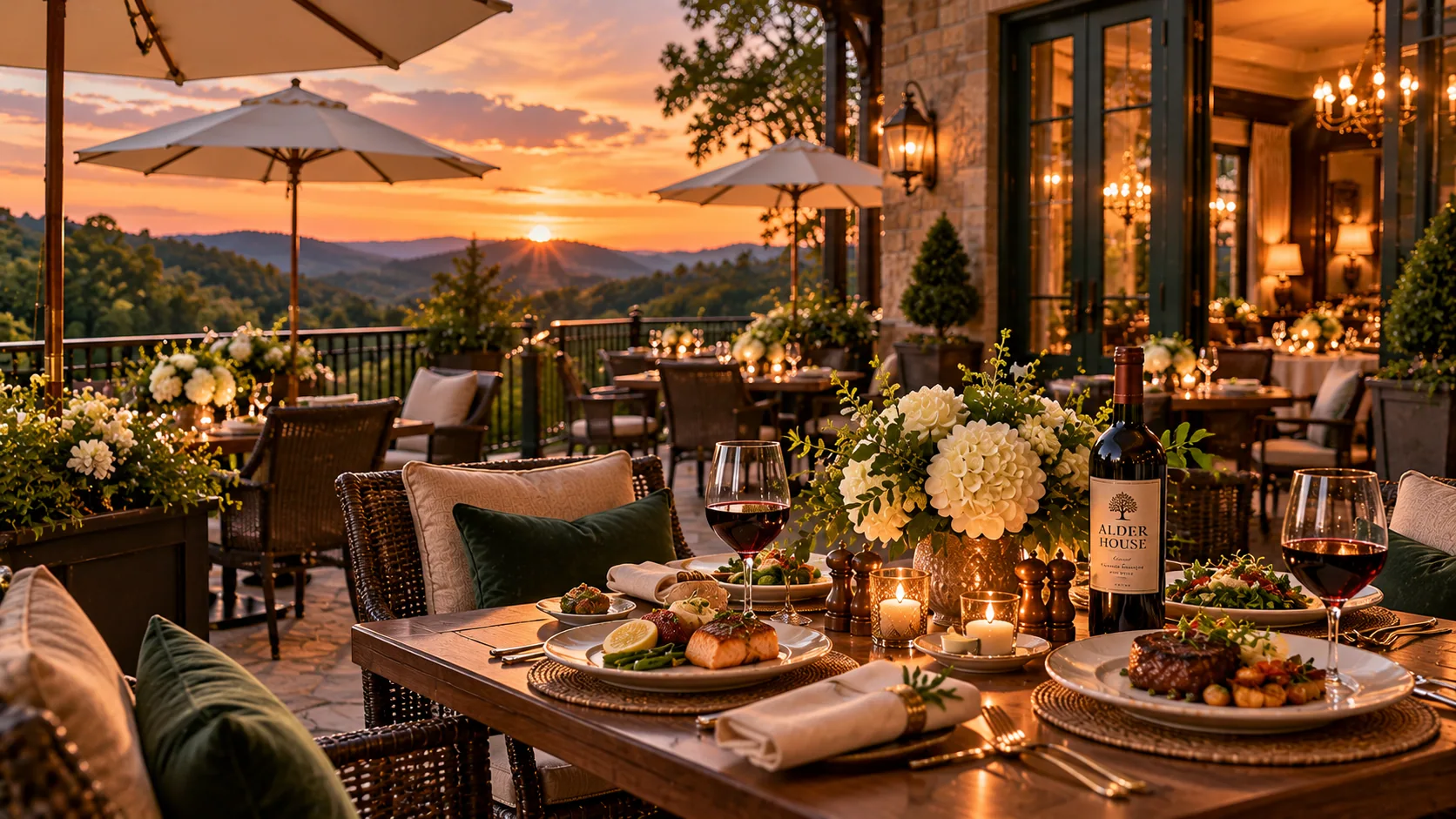 Laid dining tables on the hotel terrace at sunset