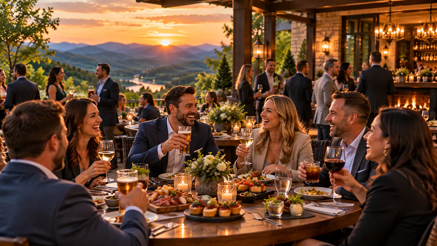 Professionals sharing dinner and conversation on the sunset terrace