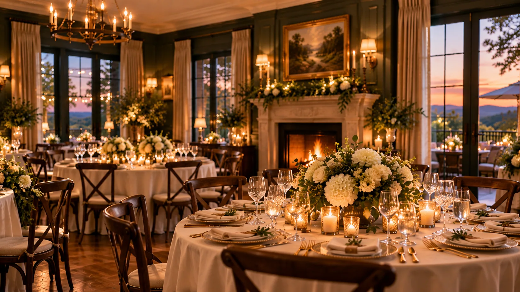 Candlelit wedding reception tables with flowers and green panelling