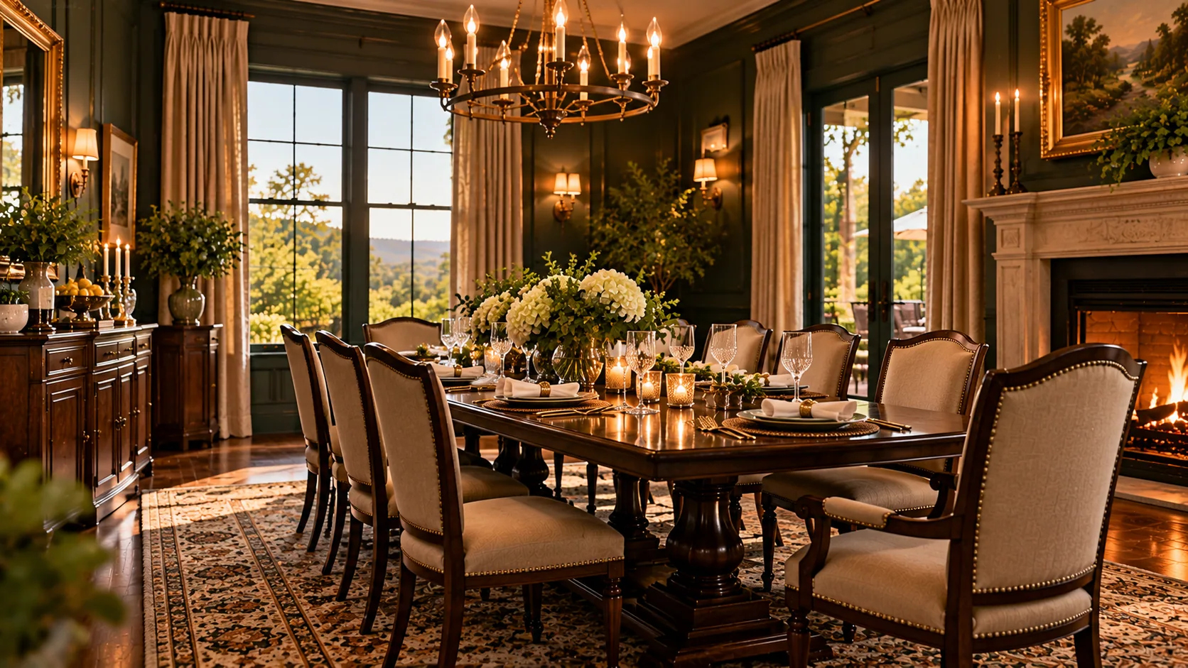 Candlelit dining room with green walls and a mountain view