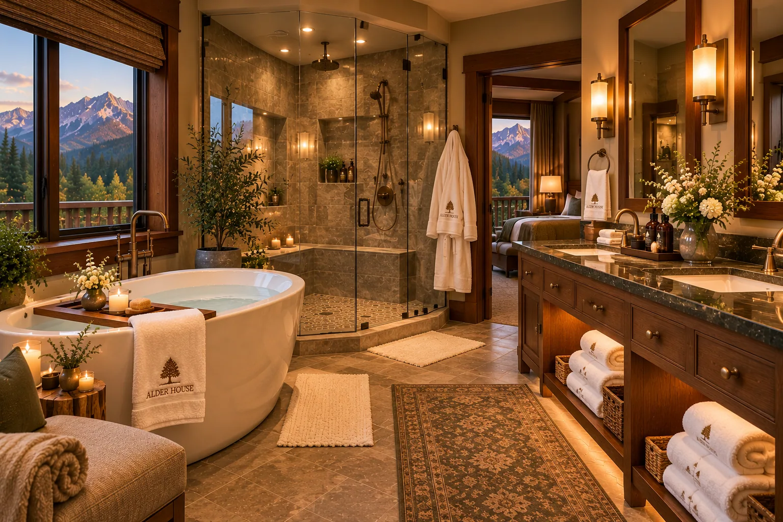Alder Suite spa bathroom with a freestanding bath, glass rainfall shower and mountain views