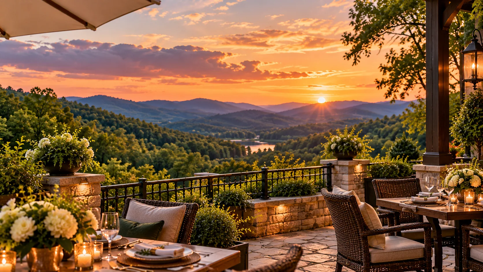 Terrace seating overlooking the wooded valley and sunset