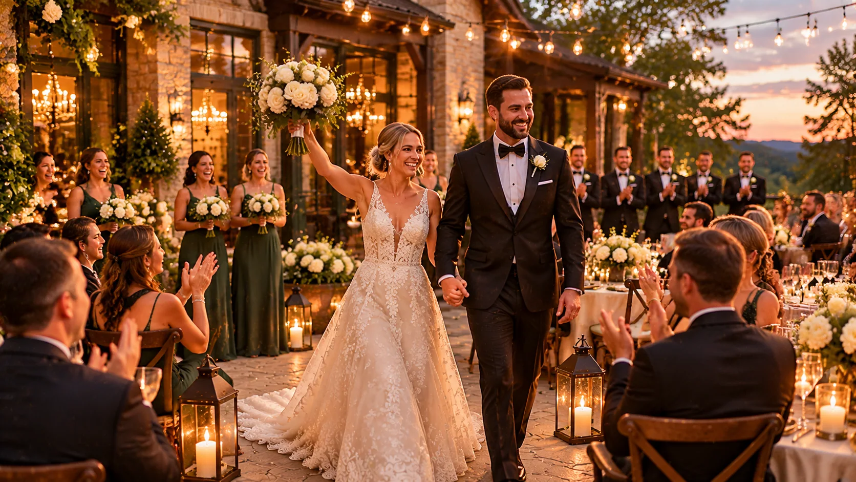 Newlyweds celebrating among seated guests on the hotel terrace