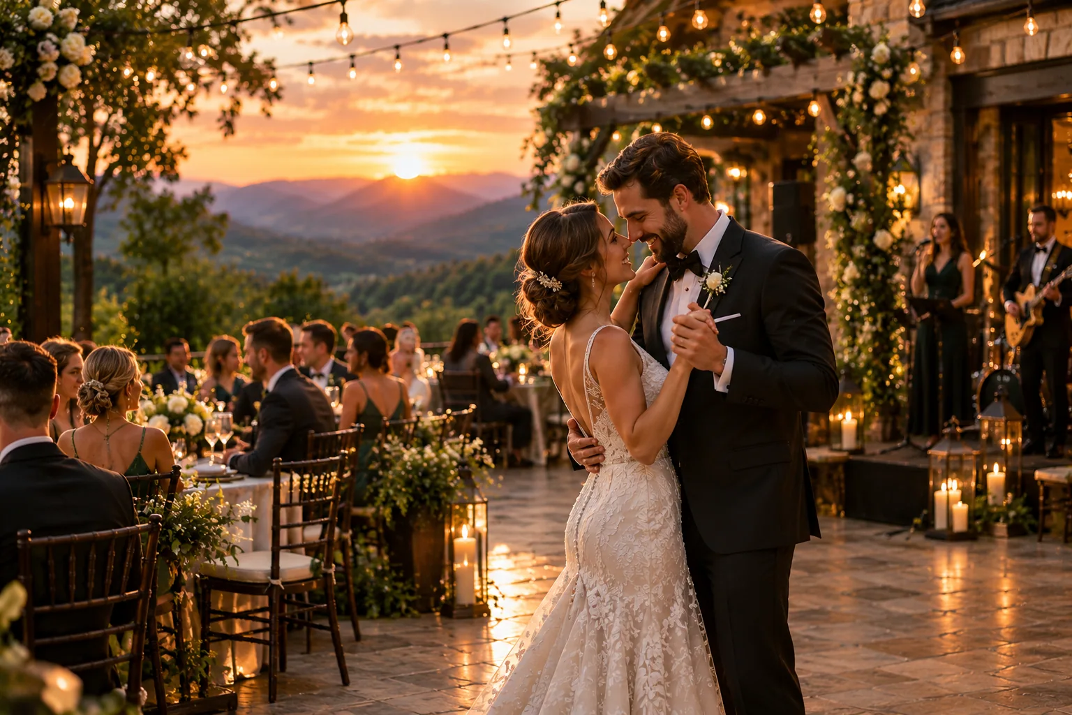 Newlyweds dancing beneath terrace string lights at sunset